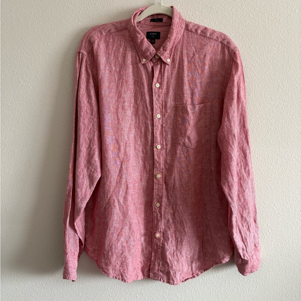 J. Crew Factory 100% Linen Button-Down Collared Shirt Men’s Large Slim-Fit Red